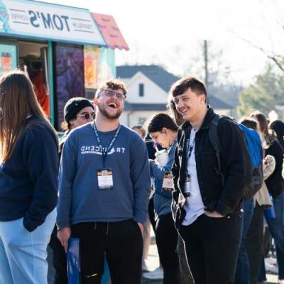 Students standing in line for coffee truck